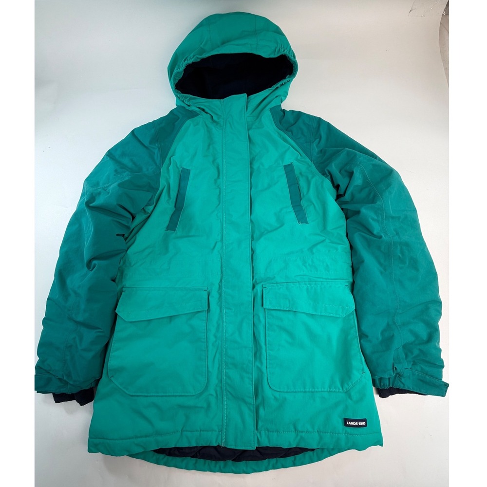 Lands End Squall Waterproof Parka Green Kids Large 14 Grow-A-Long Hooded Jacket